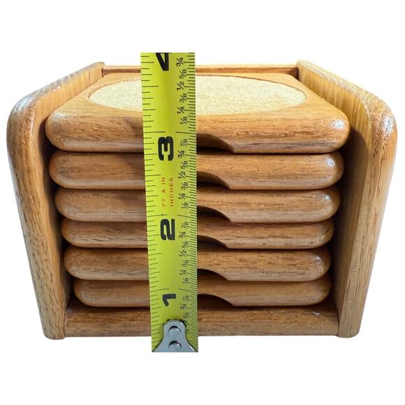 Set Of 6 Wooden Coasters With Cork Insert Matching Holder Vintage 80s Golden Oak - Picture 7 of 12